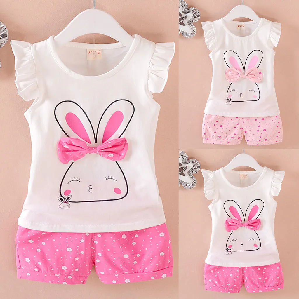 Футболка с бантом и принтом кролика + шорты в горошек комплект из двух предметов