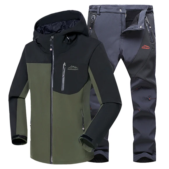 Green gray pants Мужская зимняя флисовая куртка с подогревом, водонепроницаемая, для рыбалки, катания на лыжах, пеших прогулок, Походов, Кемпинга, куртка+ брюки 5XL - Цвет: Green gray pants