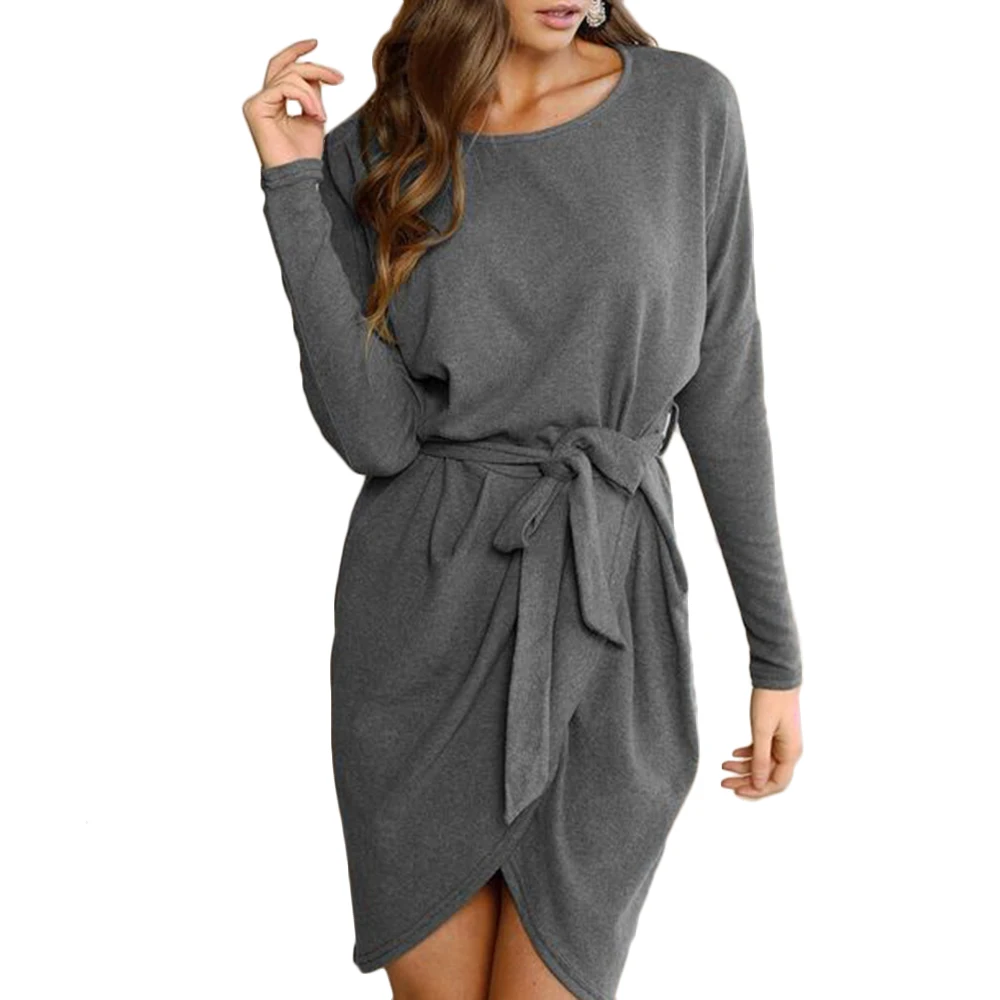 Сексуальная Нерегулярные платье с поясом Для женщин Летучая мышь длинным