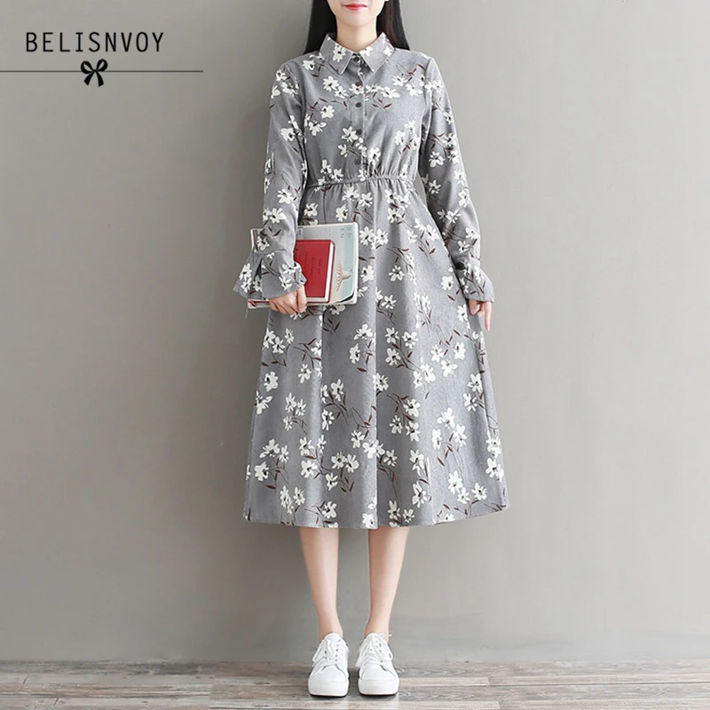 Mori girl robe Femme осень зима винтажное длинное платье с цветочным принтом женское вельветовое платье с длинным рукавом серый хаки Vestidos