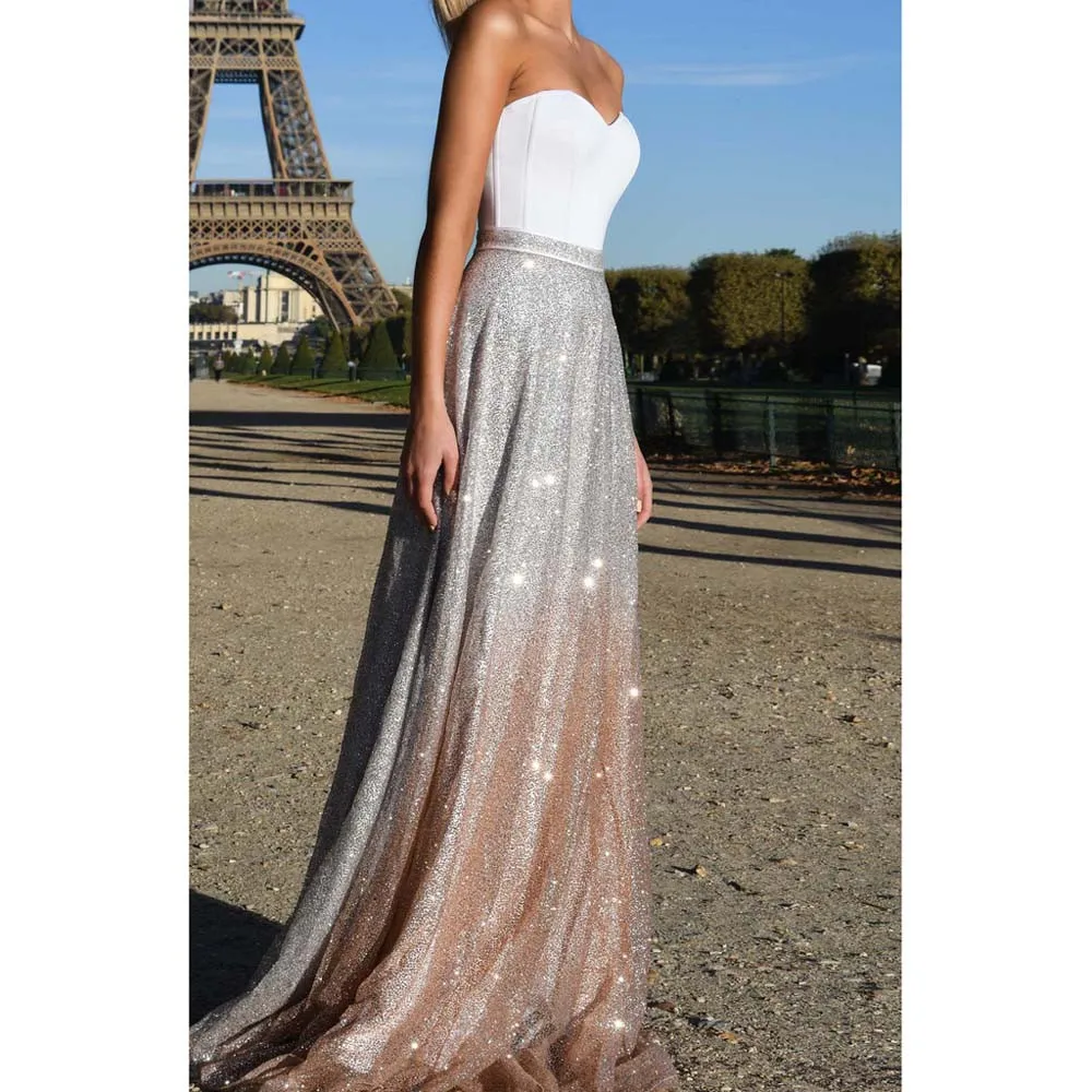 Женское сексуальное платье макси белое в пол без бретелек элегантное блестящее