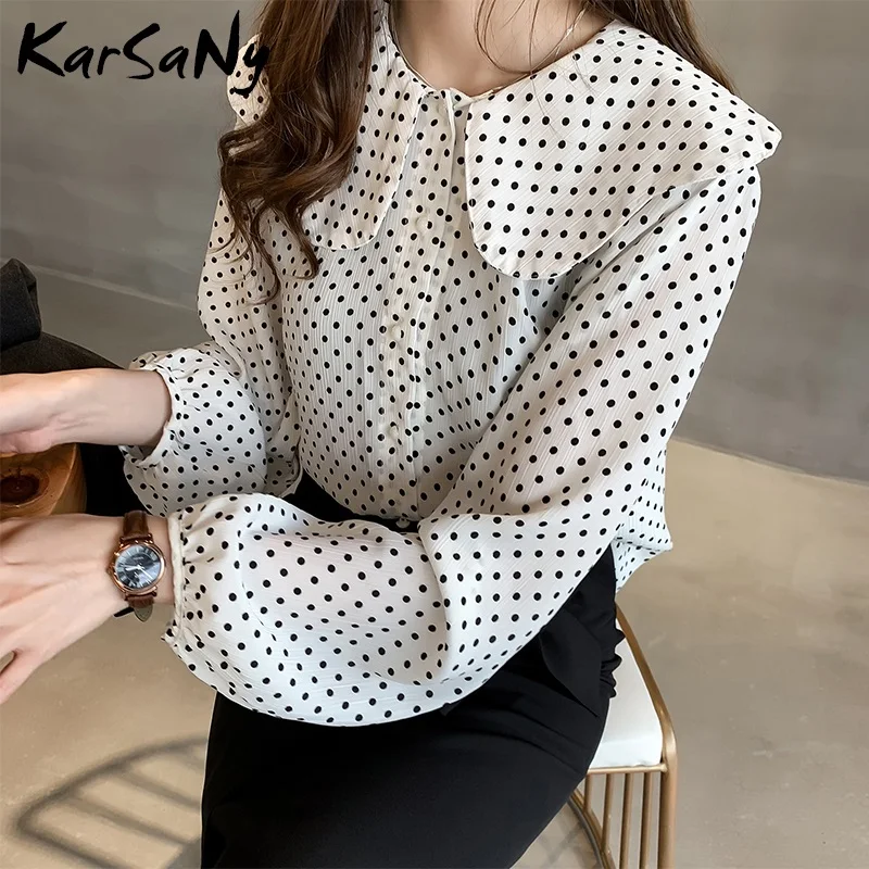 

KarSaNy Peter Pan Collar Blouse Women Plus Size Chiffon Polka Dot Blouse Women Top Autumn White Shirt Female Blouses Large Size