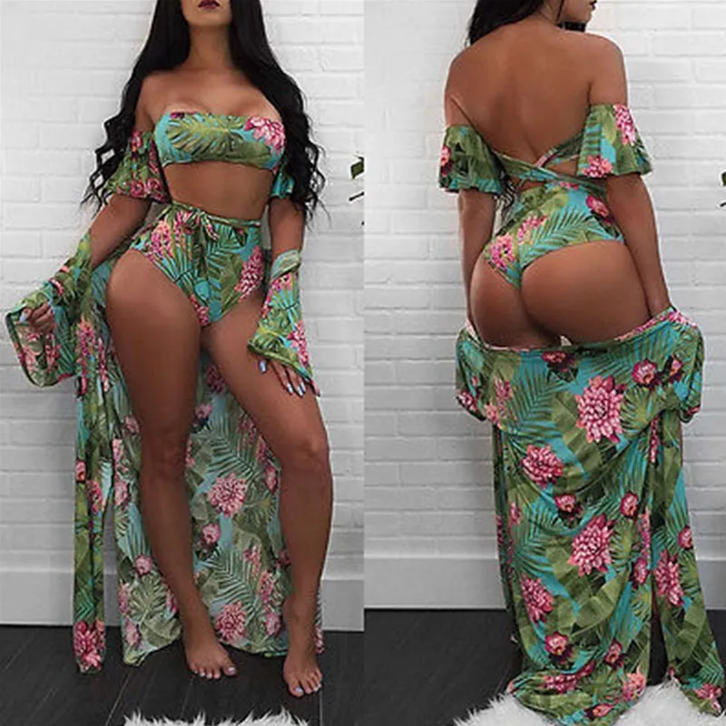 3 шт. Женский комплект бикини с принтом и открытыми плечами высокой талией +