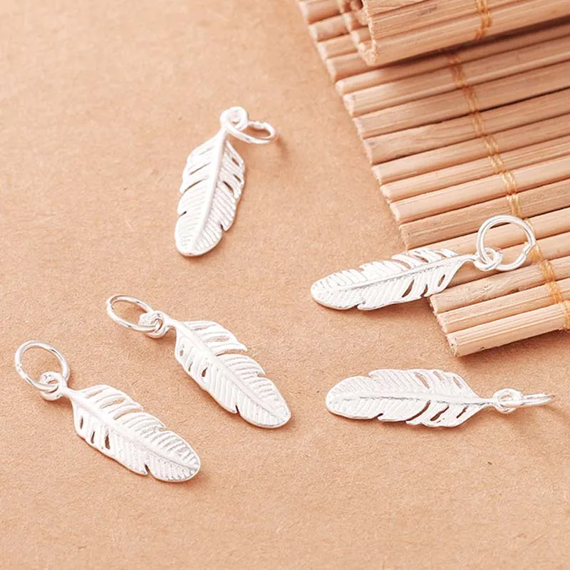 Real Pure Solid 925 Sterling Silver Feather Pendant Women Tassel Leaf Pendants Necklace Bracelet Jewelry Making Findings Charms | Украшения