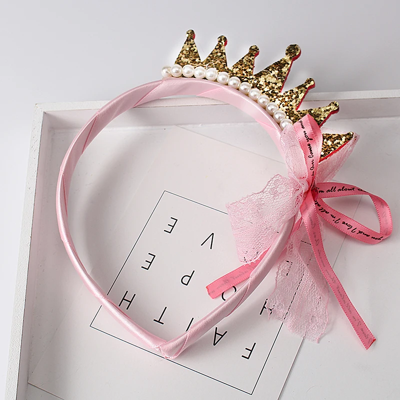 Обручи для волос девочек с жемчужинами и кружевным бантом корона принцессы