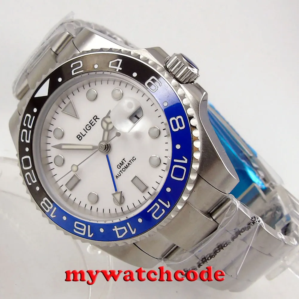 

40mm bliger white dial GMT sapphire crystal automatic movement mens watch B194
