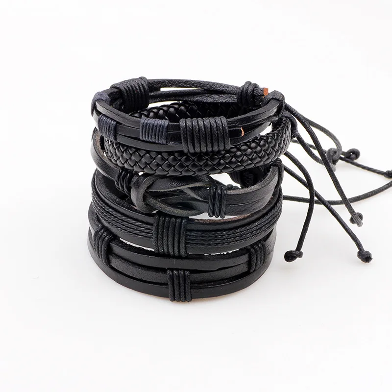 5pcs/set Boho Gypsy Hippie Punk Classic All Black Knot Pattern Leather Cord Wrap Layers Stacked Adjustable Bracelets Set for Man | Украшения