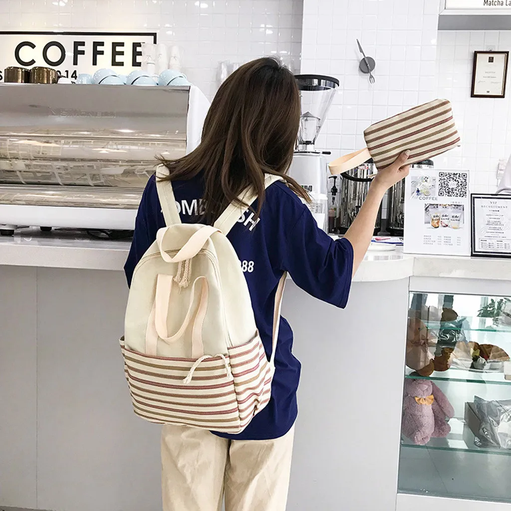 Woman Trendy Fresh Stripe Backpack Ladies Large Capacity Campus Style Backpacks School Bag for Teenagers 2019 Fashion Canvas | Багаж и
