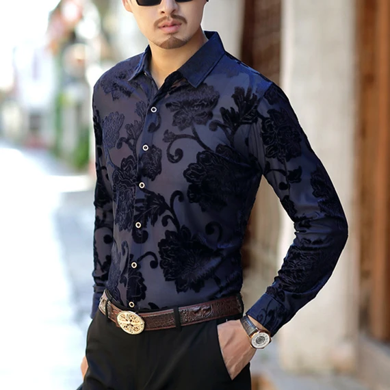 LS Peony Blue Роскошная кружевная Мужская рубашка с узором пейсли и цветочной вышивкой, прозрачная Мужская одежда, сексуальные рубашки для клубной вечеринки и выпускного вечера - Цвет: LS Peony Blue