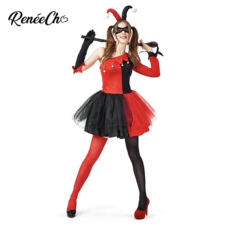 

Reneecho Halloween Costume For Adult Women Evil Jester Costume Female Clown Cosplay Tutu Fancy Party Dress For Carnival