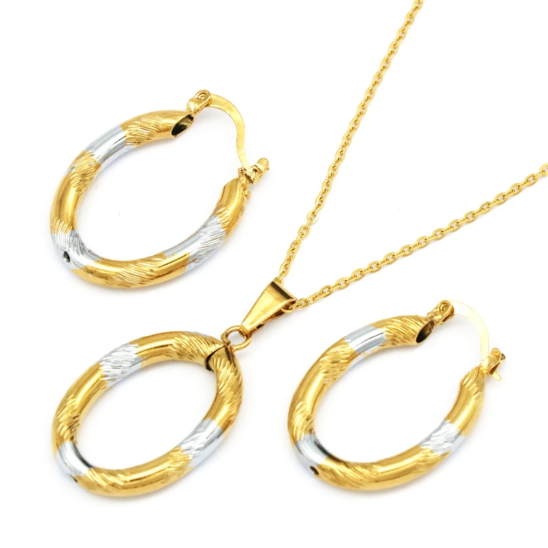 Двухцветный Новый золотой кулон из нержавеющей стали с кристаллами и серьгами