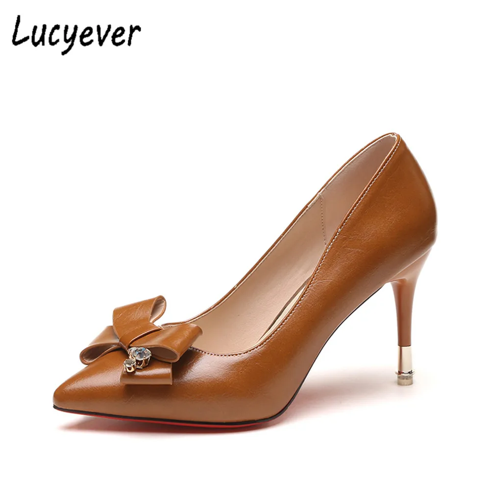 Коричневый Lucyever/женские туфли-лодочки на высоком тонком каблуке-шпильке; женские пикантные туфли с бантом и острым носком; туфли с мелкими кристаллами для вечеринки и свадьбы; женская обувь - Цвет: Коричневый
