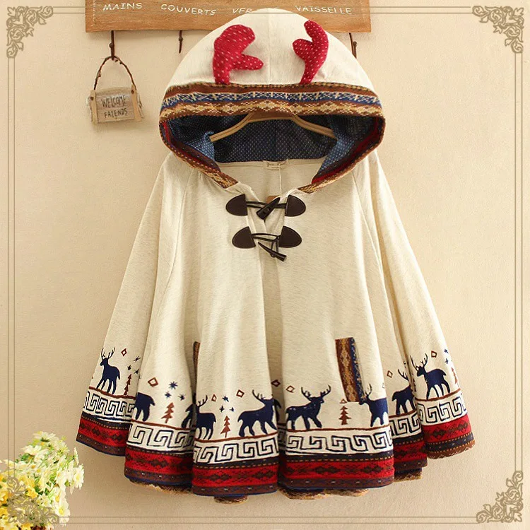 thin beige grey Японская Мори девушка с капюшоном плащ куртка Лолита мультфильм олень женщины рукав летучая мышь Свободная куртка Лолита утолщенная флисовая куртка пальто - Цвет: thin beige grey