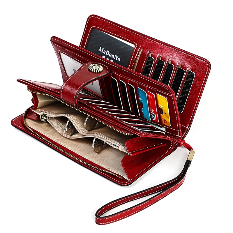 

BONAMIE Capacity Genuine Leather RFID Wallet Women Oil Wax Luxury Female Purse Ladies Long Clutch Vintage Card Holder Wallet