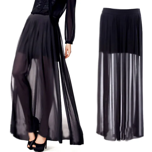 

Summer New Fashion Customize Size 3XS-10XL Womens See Through Sheer High Side Split skirt Black Pleated Chiffon Maxi Long Skirts