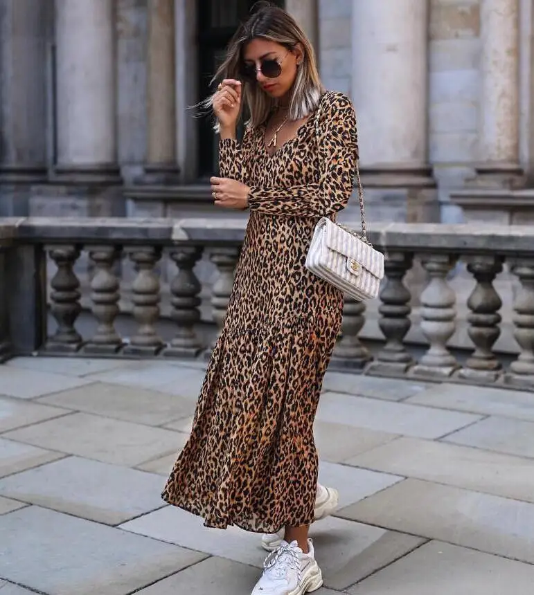 Женское платье с леопардовым принтом длинное трапеция v образным вырезом и