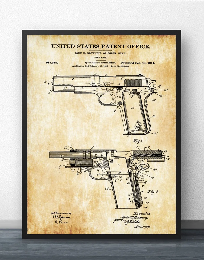 Colt 1911 патент на пожарную руку Настенная картина Настенный декор холст маслом без