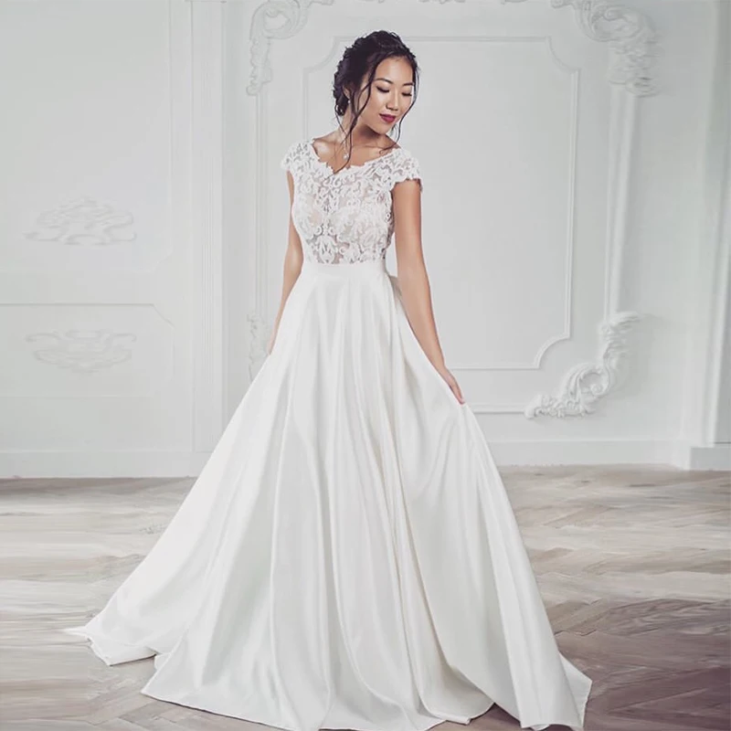 

Boho A-line Wedding Dress V-neck Cap Sleeves Appliques Satin Bridal Dress Illusion Bodice Backless Sweep Train Vestido De Novia