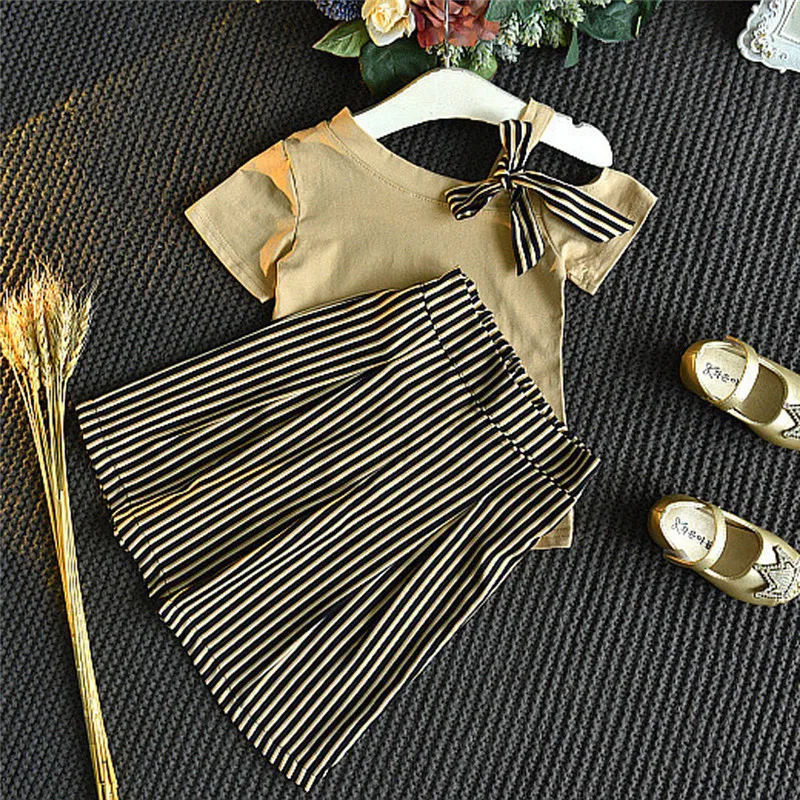 Комплекты летней одежды для девочек 2019 хлопковая Футболка с бантом маленьких