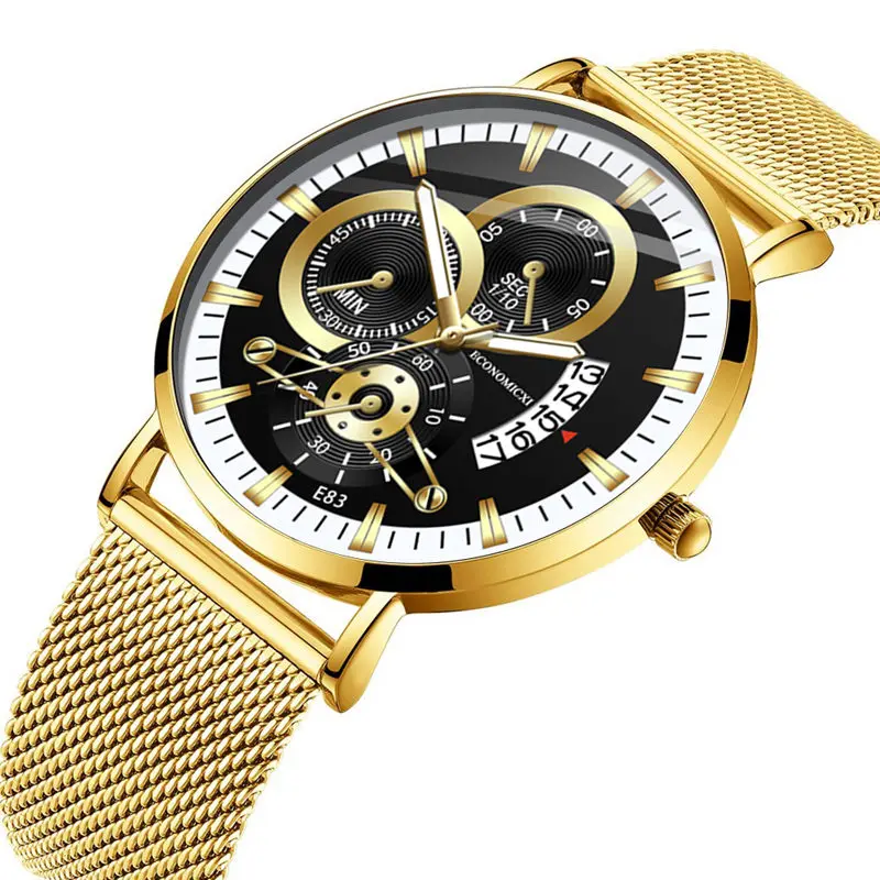 GoldBlack Кварцевые роскошные мужские часы дизайн бизнес светящиеся мужские s часы с сетчатым РЕМЕШКОМ НАРУЧНЫЕ ЧАСЫ современный подарок Pasadores Para Reloj - Цвет: GoldBlack