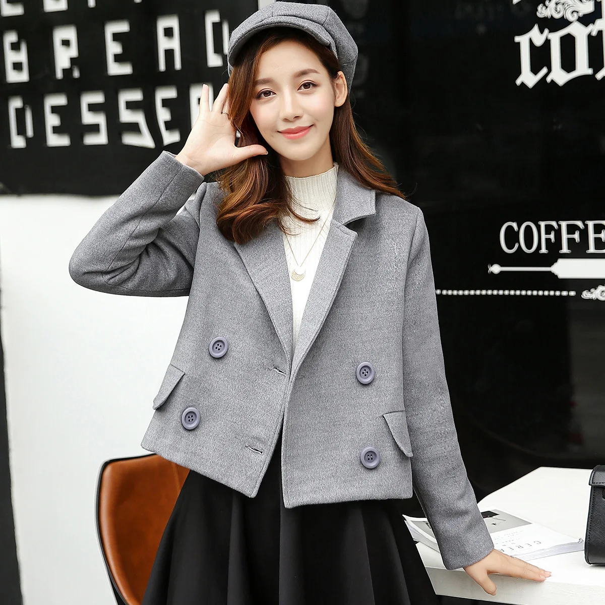 Женское двубортное кашемировое пальто свободное Короткое шерстяное в Корейском