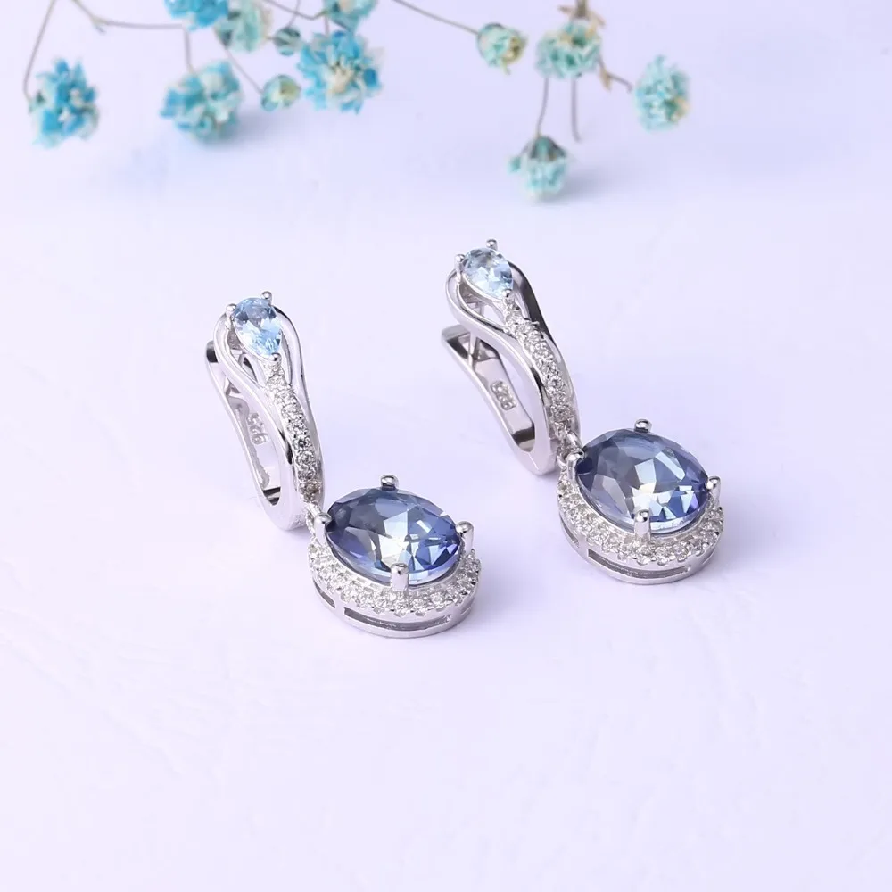 Серьги кольца из серебра 925 пробы с натуральным мистическим кварцем и голубым