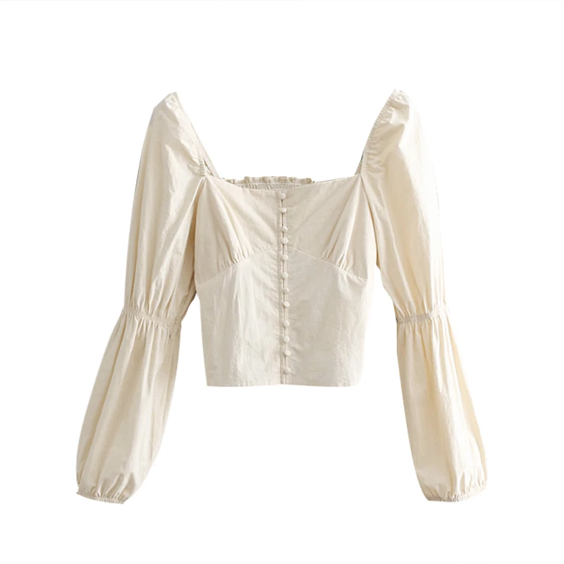 Vintage Chic Buttons Short Tops Women Blouses Fashion Square Collar Puff Sleeve Slim Fit Ladies Shirts Casual Blusas Mujer - Цвет: as picture