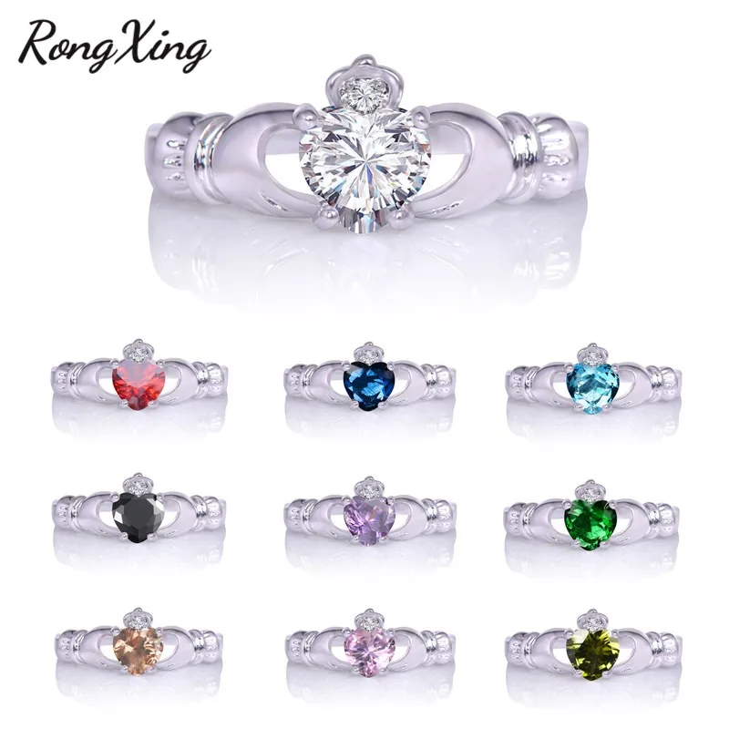 RongXing новое ирландское кельтское Корона сердце Claddagh свадебное предобручальное кольцо для женщин белое золото заполненный красочный Циркон кольцо RW1098