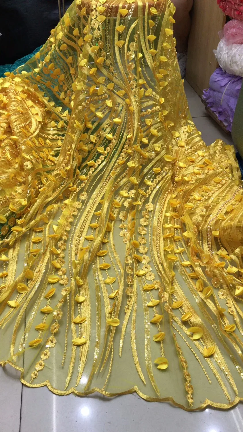 Yellow 3D Applique tulle french lace fabric beaded african nigerian fabrics for wedding party dress f10-12zj | Дом и сад