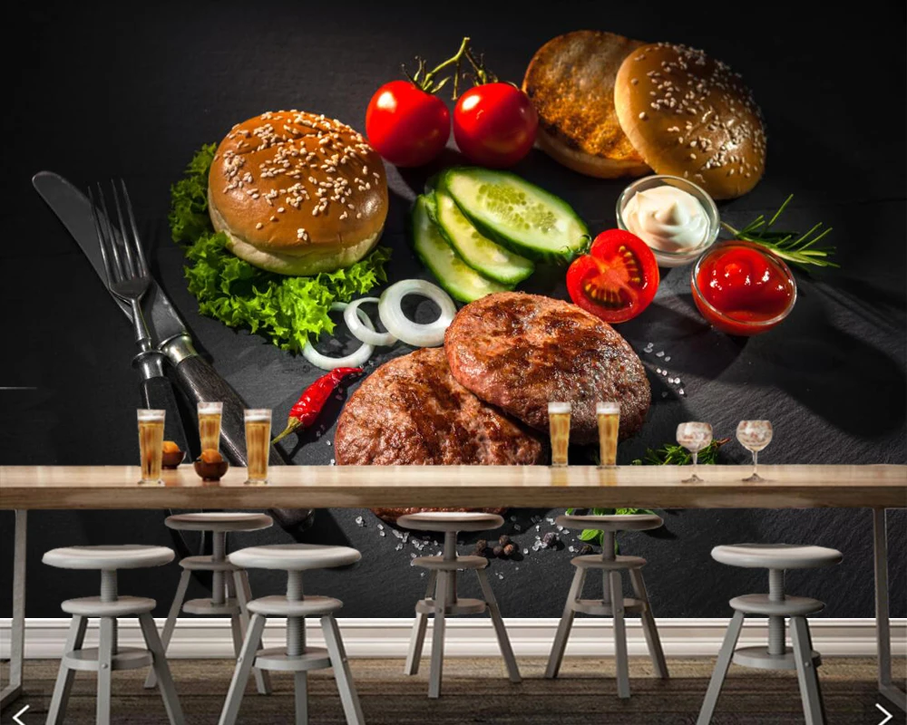 Обои 3d с ножом булочками мясом овощами едой магазином фаст фуда гостиной диваном