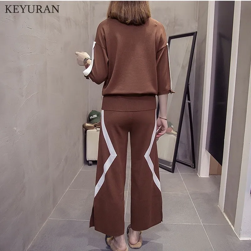 

Spring Autumn Knitted Tracksuit Sweatshirts Casual Suit Women clothing 2 Piece set Knit Wide leg pants Sporting Set Plus Size