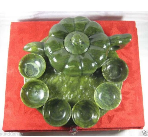 Китайская ручная работа Резной орнамент зеленого нефрита горшок набор для