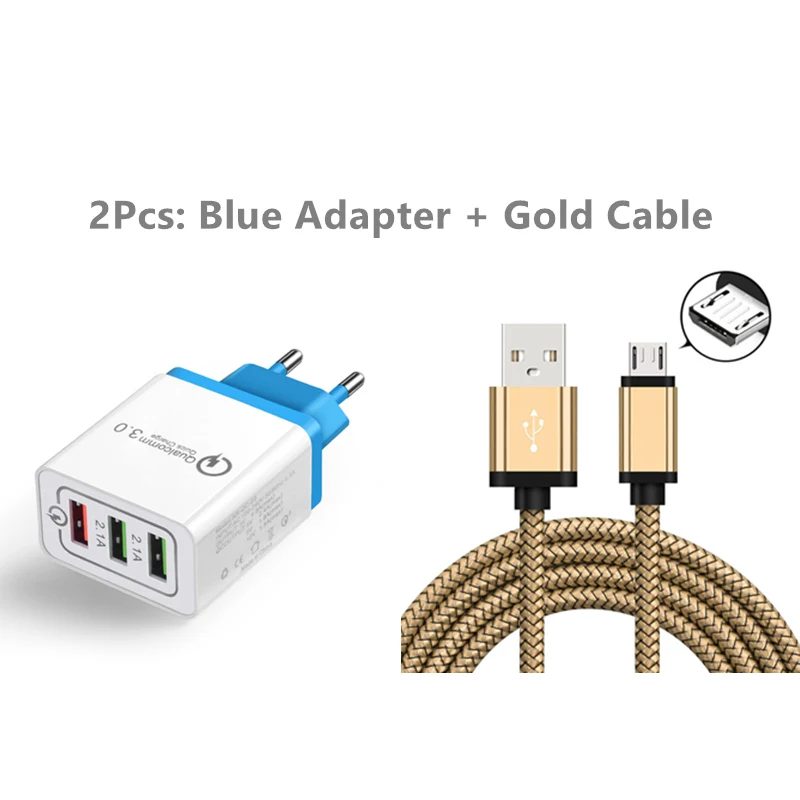 3USB QC 3,0 быстрое зарядное устройство адаптер Micro USB V8 5Pin кабель для samsung S7 S6 Edge Note 7 ZenFone 4 Max Восьмиядерный MSM8917 ZC554KL - Цвет: Cable with Blue