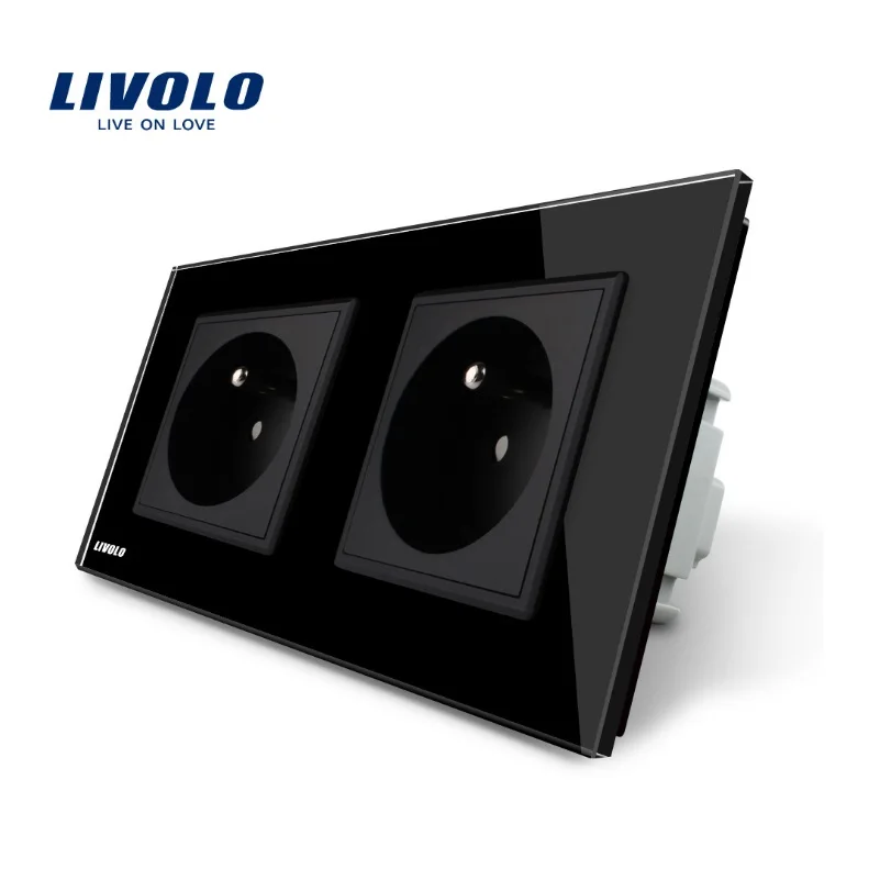 LIVOLO 16A французский стандарт для умного дома, настенная электрическая/мощная двойная розетка/вилка, кристальная стеклянная панель, VL-C7C2FR-11