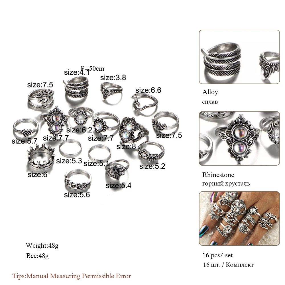 : Meyfflin 4 стиля в богемном стиле набор колец Винтаж серебро Цвет перо Корона кольца