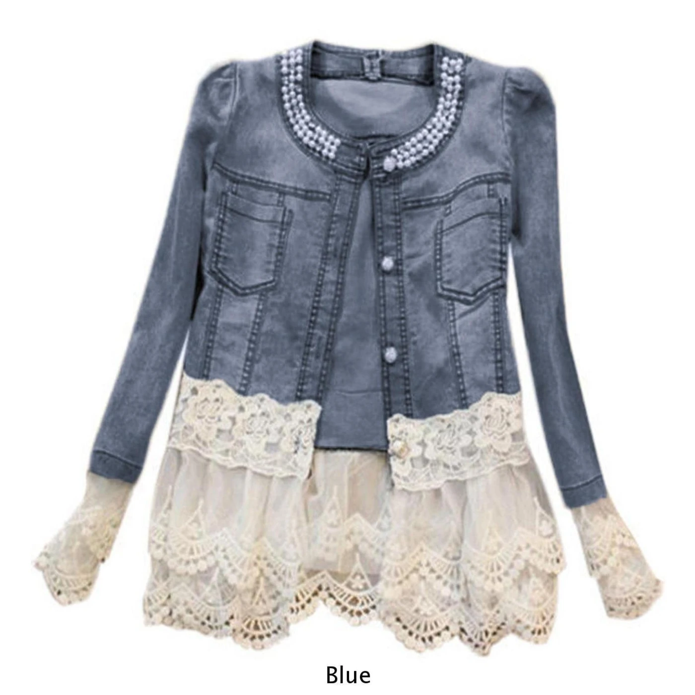 Женская джинсовая куртка кружевные джинсовые пальто с жемчужным воротником