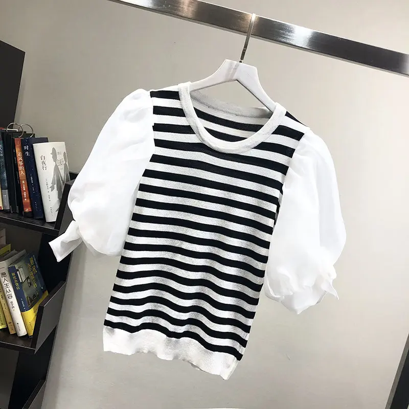 white striped LUOSHA, женские летние тонкие трикотажные топы с короткими рукавами в полоску из органзы с рукавом-фонариком и бантом, женские модные летние топы - Цвет: white striped