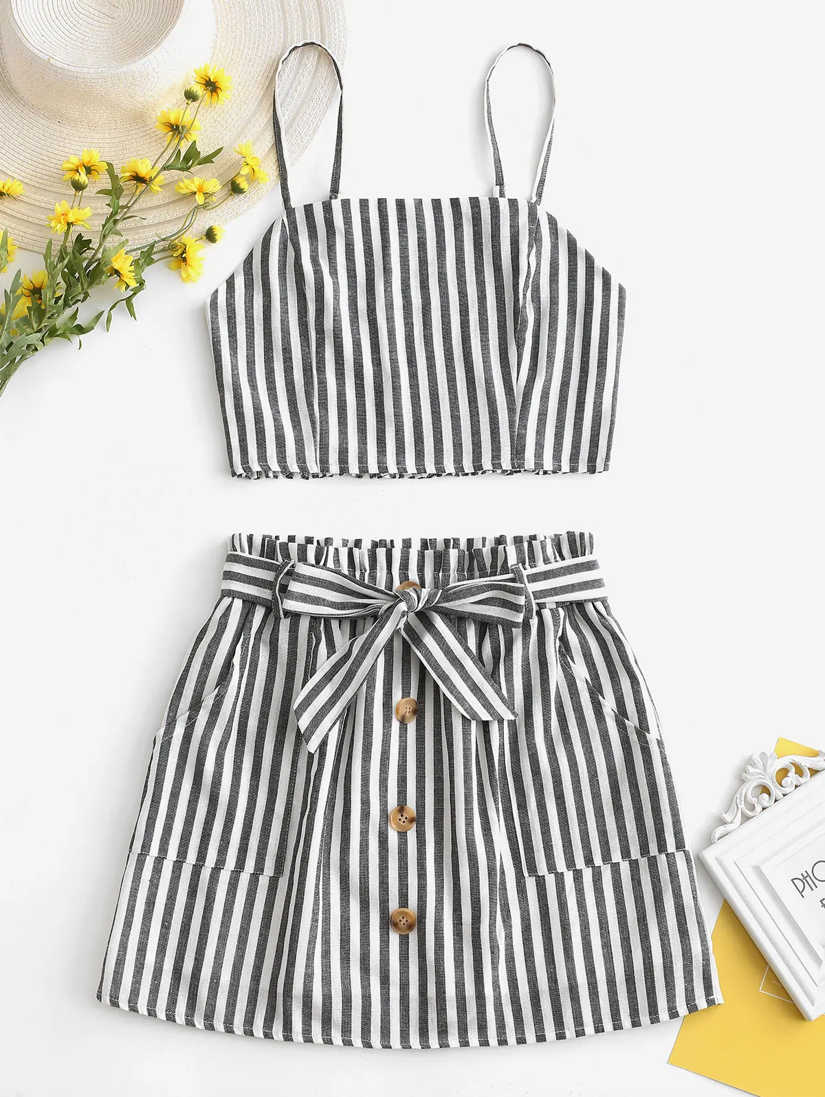 ZAFUL Полосатый топ льянной и комплект юбок с поясом A силует Бретельки Crop Top Женщины