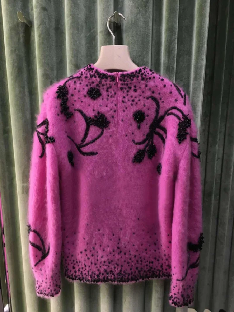 2018 Vintage Rose Mohair Sweaters and Pullover Women Floral Pattern Beading Long Sleeve Autumn Winter Runway Knit Jumper Clothes | Женская