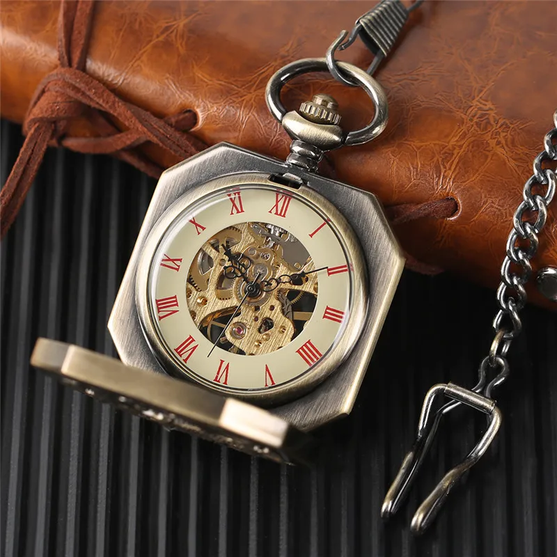 

YISUYA Vintage Cool Tiger King Male Pocket Watch Hand Wind Mechanical Watches Roman Number Square Shape Skeleton Steampunk Clock