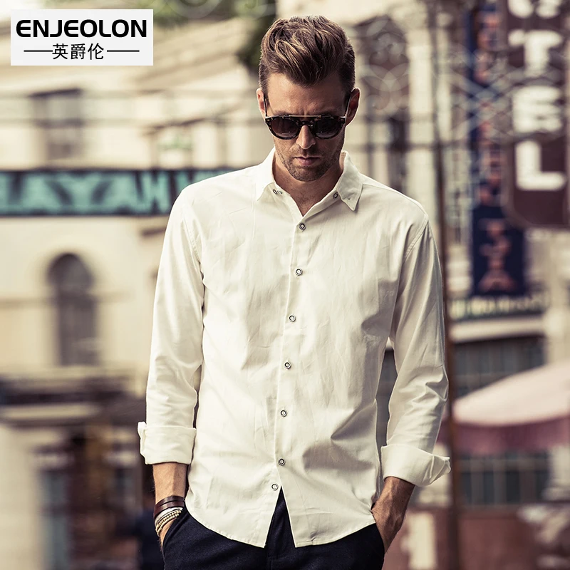 Enjeolon brand camisa masculina Men Shirt Blouse Long Sleeve clothing Base black solid cotton for Clothes C2016 | Мужская одежда