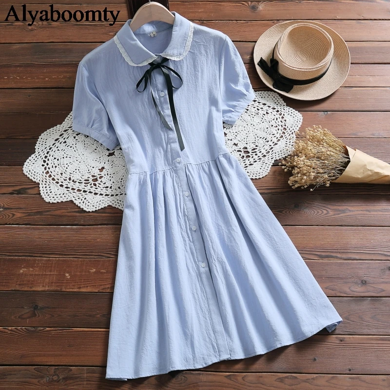 Японский консервативный стиль летнее женское платье рубашка воротник Питер Пэн
