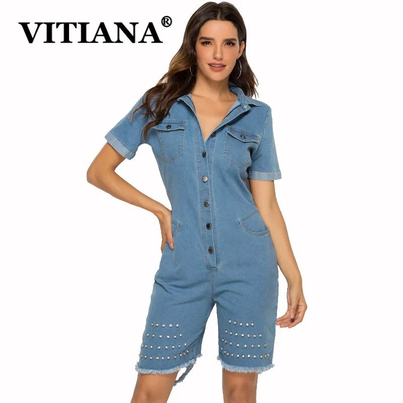 VITIANA Women Casual Denim Playsuits Summer 2019 Female Short Sleeve Pockets Buttons Hollow Out Playsuit Streetwear Rompers|Комбинезоны c