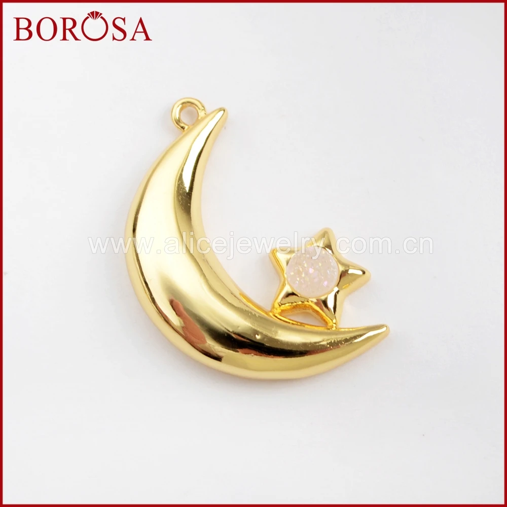 

BOROSA Jewelry 6PCS Full Gold Color Moon Shape Star Round Druzy Charms Pendant for Earrings/Necklace Making WX964