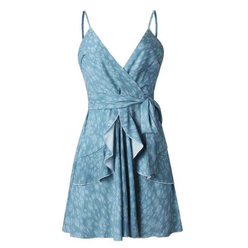

Women Sweet Dress Spring Summer Pleated Spaghetti Strap Dresses V-neck Short Length Floral Printed Bow Decoration Size S To Xl