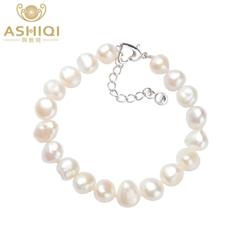 

ASHIQI Natural Freshwater Pearl Bracelets 9-10mm white Baroque pearl for women gift
