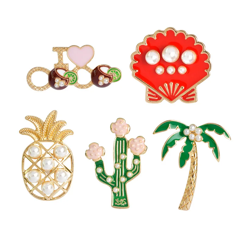 Кактус Цветок жемчуг кокос ананас ракушка брошь Я люблю Коко растения Фрукты