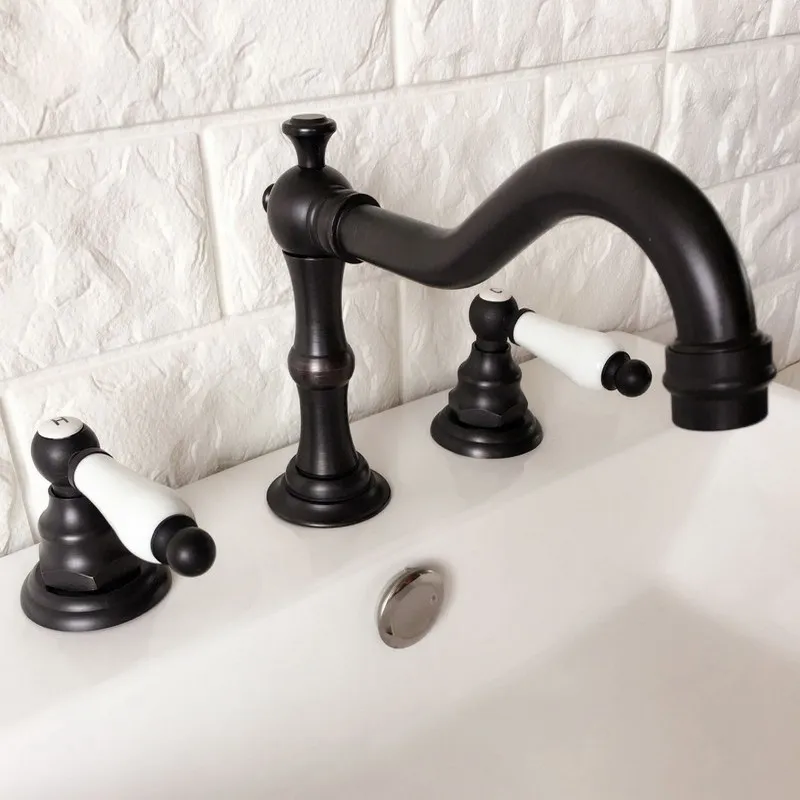 

Black Oil Rubbed Brass Widespread Dual Handle Bathroom Washing Basin Mixer Taps Deck Mounted 3 Holes Lavatory Sink Faucet ahg065