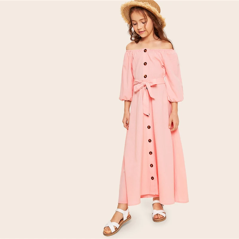 SHEIN/повседневное платье макси для девочек с открытыми плечами, пуговицами и поясом спереди; коллекция года; Летние Детские платья с длинными рукавами