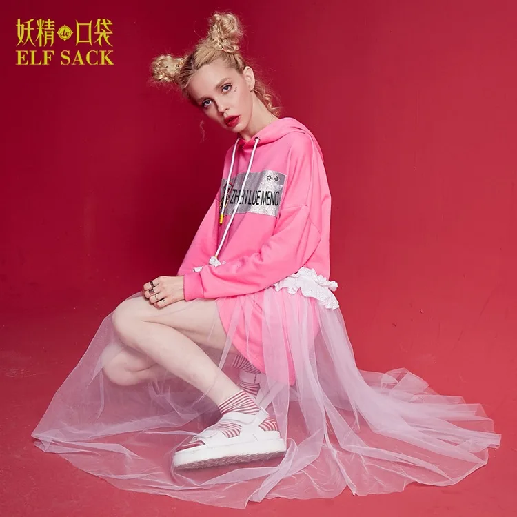 Pink ELFSACK с капюшоном, женские кружевные платья, Осенние, с рюшами, с принтом, милые, с длинным рукавом, женские платья, до середины икры, для девушек, платья для вечеринок - Цвет: Pink